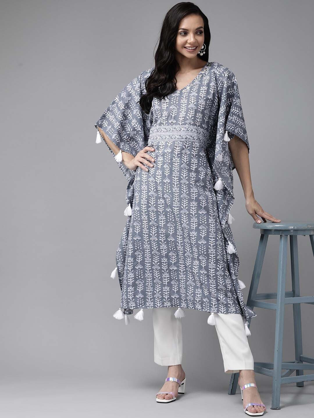 Grey & Off White Printed Kaftan-Yufta Store-9290KFTGYS