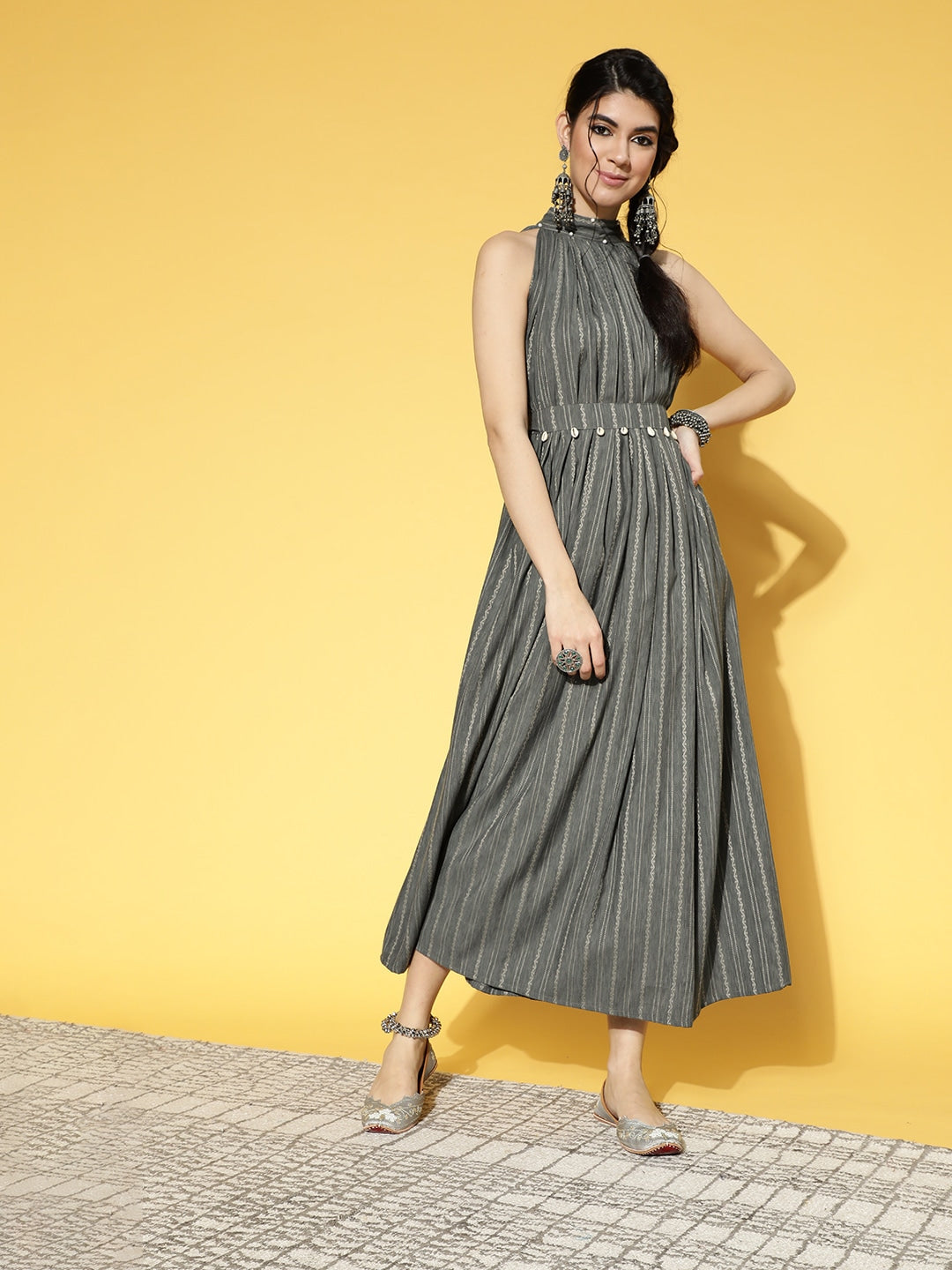 Grey & Off-White Striped Halter Neck Dress-Yufta Store-9592DRSGYS
