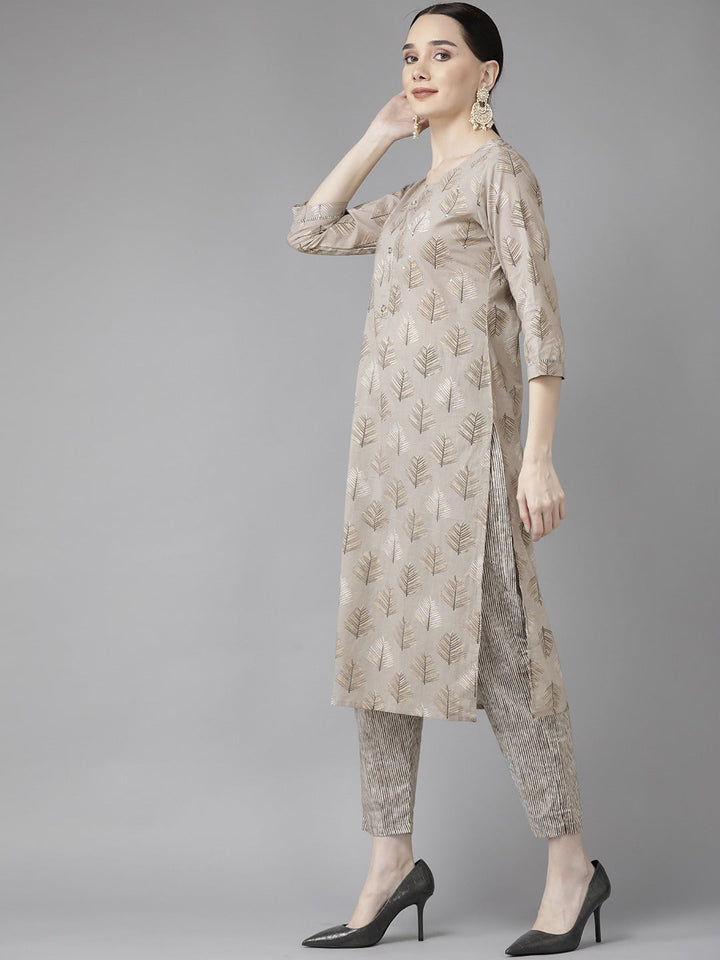 Grey Print Cotton Dupatta Set-Yufta Store-4773SKDGYM