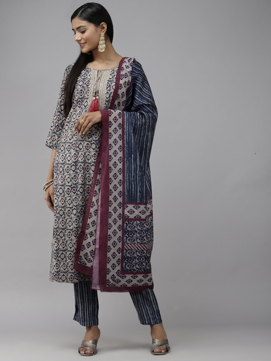 Grey Printed Dupatta Set-Yufta Store-2355SKDBLM