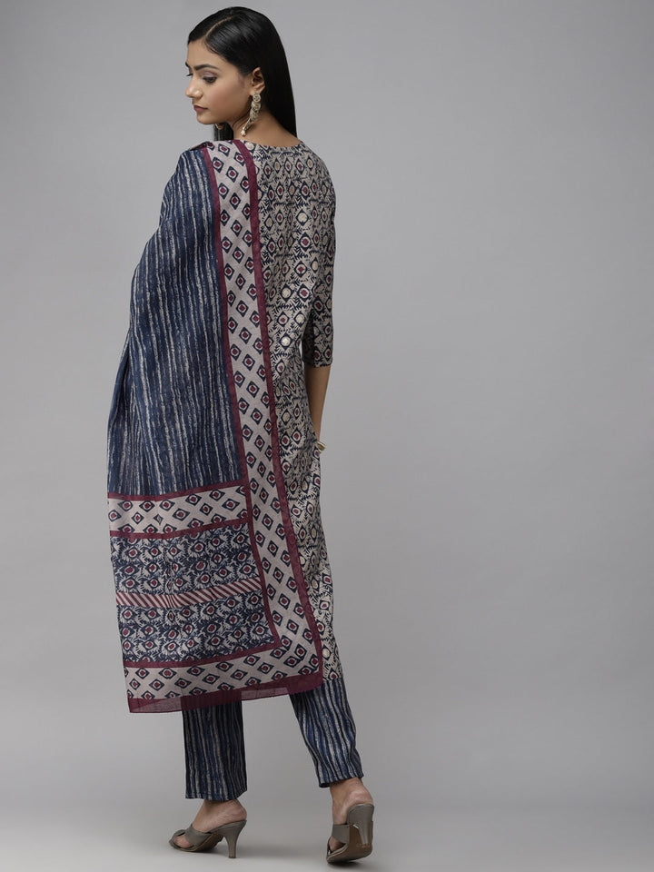 Grey Printed Dupatta Set-Yufta Store-2355SKDBLM