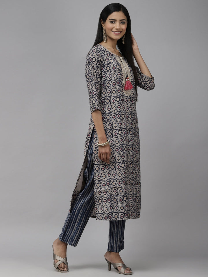 Grey Printed Dupatta Set-Yufta Store-2355SKDBLM