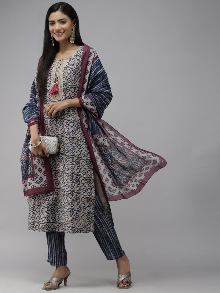 Grey Printed Dupatta Set-Yufta Store-2355SKDBLM