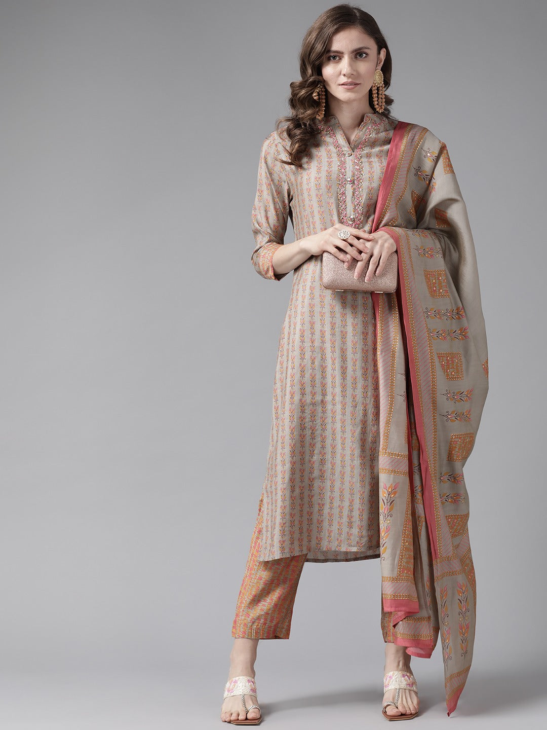 Grey Printed Dupatta Set-Yufta Store-5610SKDGYM