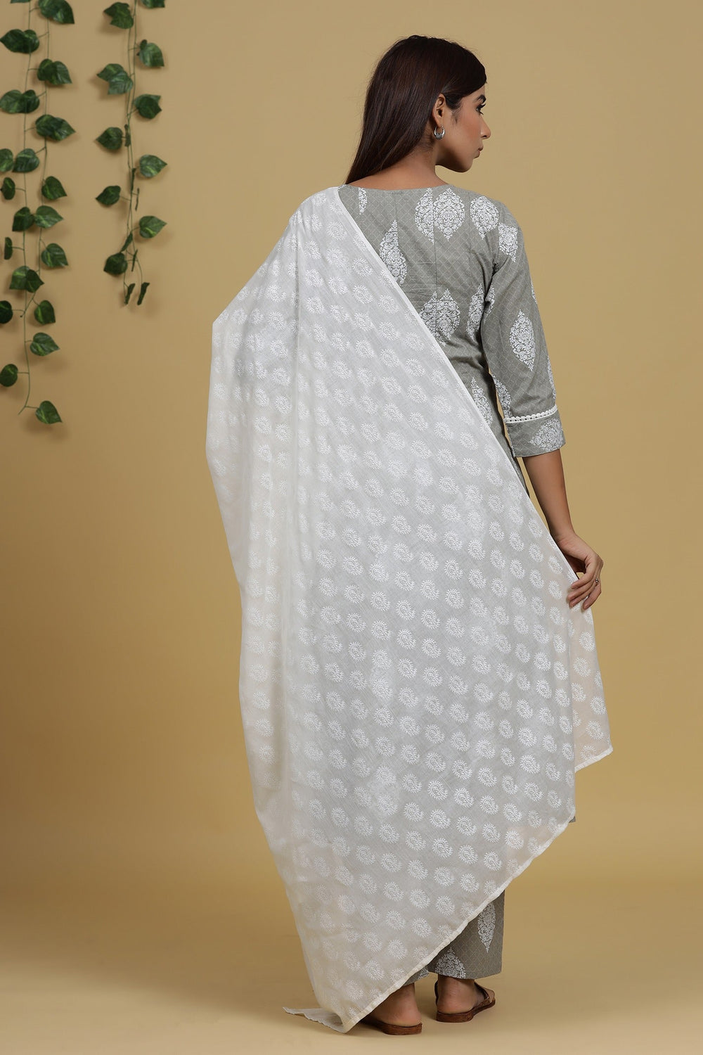 Grey Printed Dupatta Set-Yufta Store-7820SKDGYS