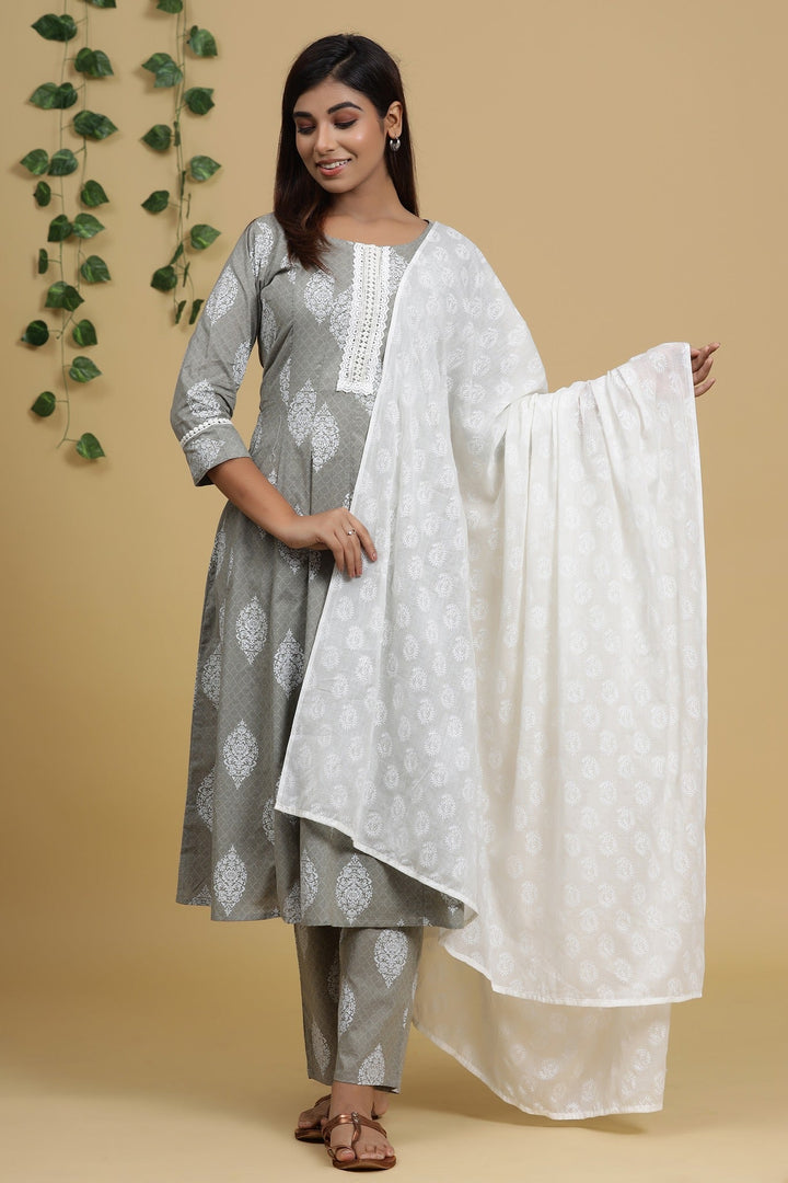 Grey Printed Dupatta Set-Yufta Store-7820SKDGYS