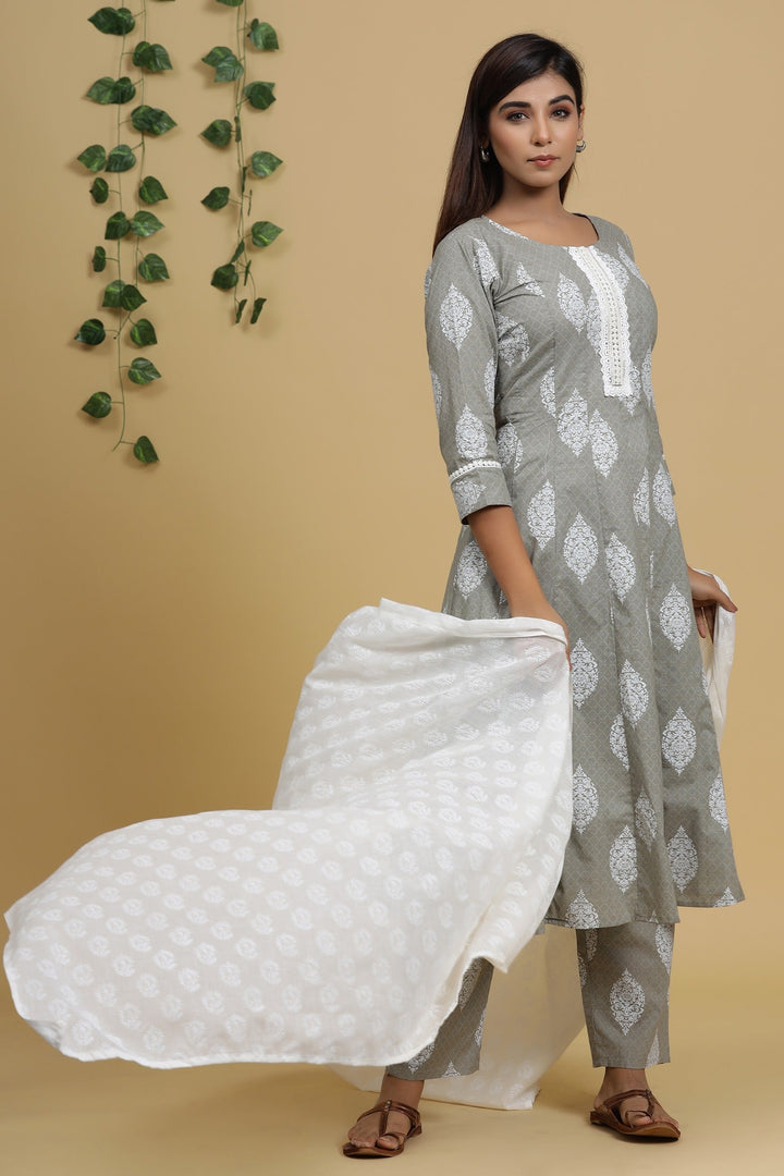 Grey Printed Dupatta Set-Yufta Store-7820SKDGYS