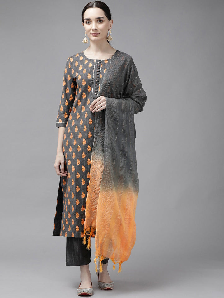 Grey Printed Dupatta Set-Yufta Store-9731SKDGYS