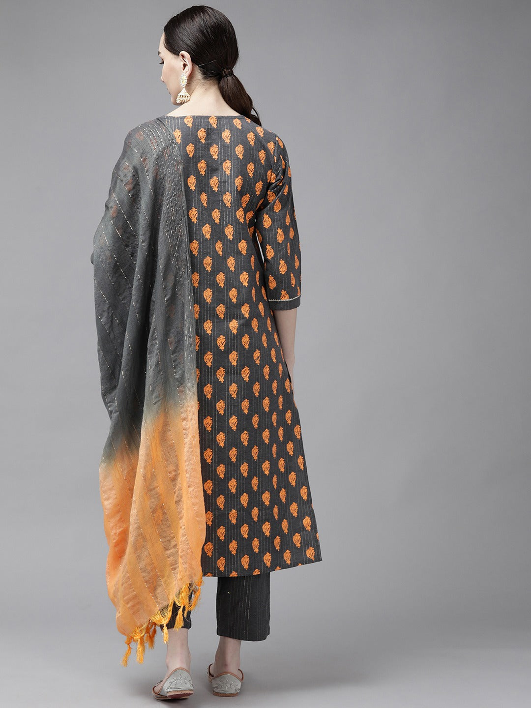 Grey Printed Dupatta Set-Yufta Store-9731SKDGYS