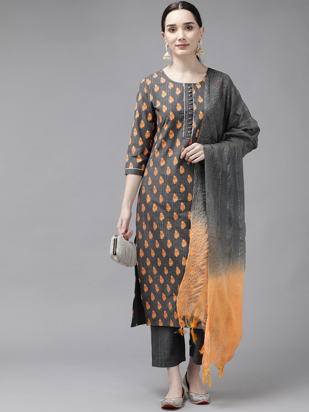 Grey Printed Dupatta Set-Yufta Store-9731SKDGYS