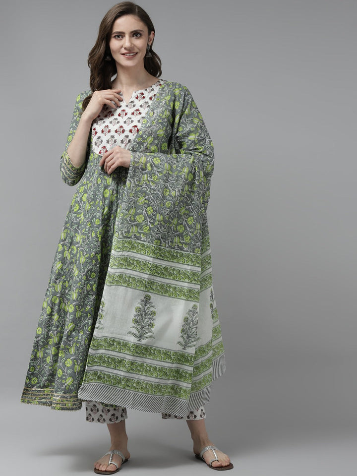 Grey Printed Dupatta Set-Yufta Store-9765SKDGYS