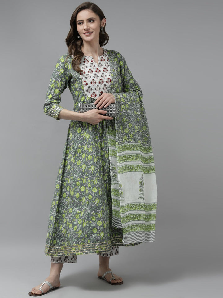 Grey Printed Dupatta Set-Yufta Store-9765SKDGYS