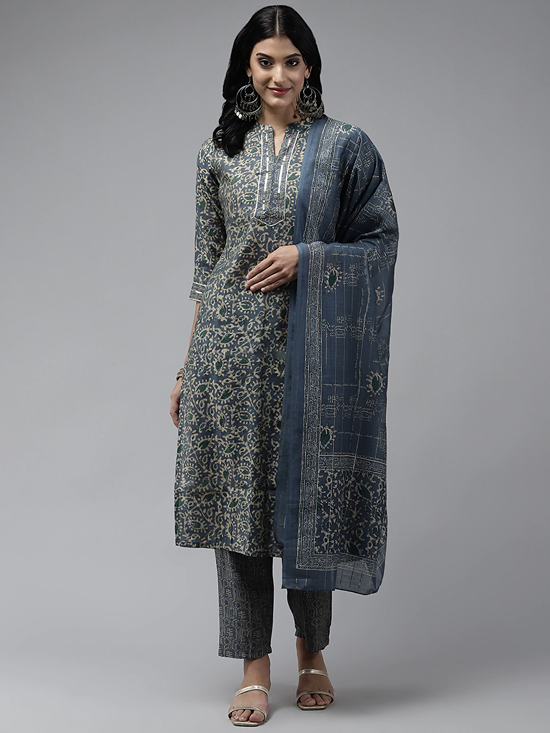 Grey Printed Dupatta Set-Yufta Store-9806SETGYS