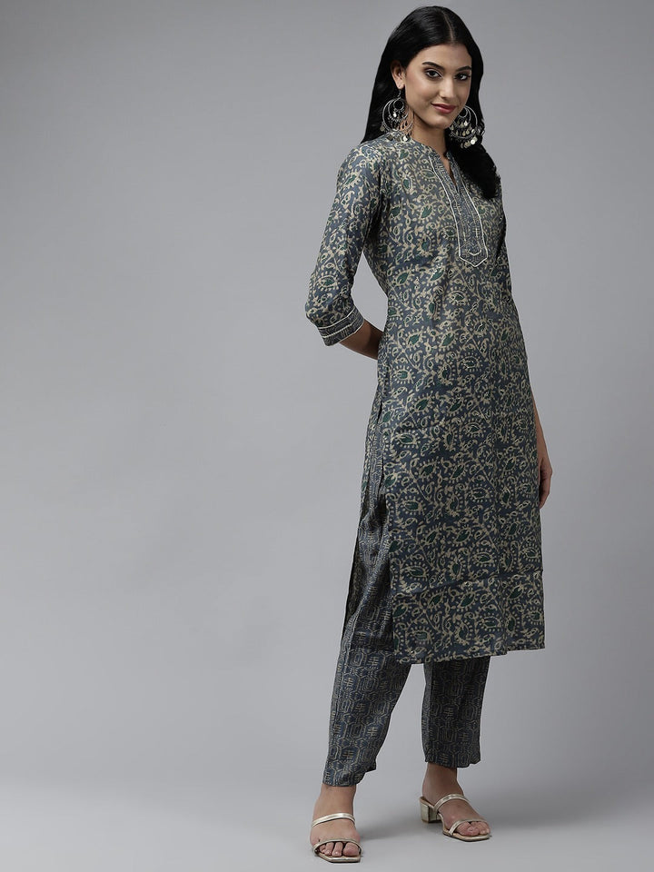 Grey Printed Dupatta Set-Yufta Store-9806SETGYS