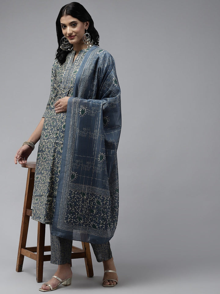 Grey Printed Dupatta Set-Yufta Store-9806SETGYS