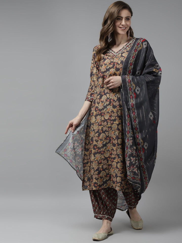 Grey Printed Dupatta Set-Yufta Store-9864SKDGYS