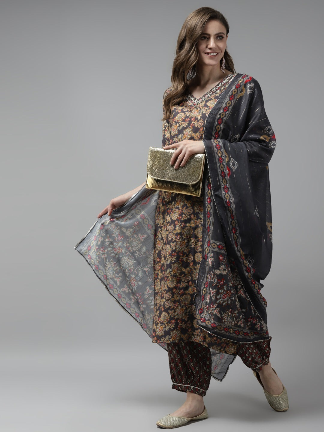 Grey Printed Dupatta Set-Yufta Store-9864SKDGYS