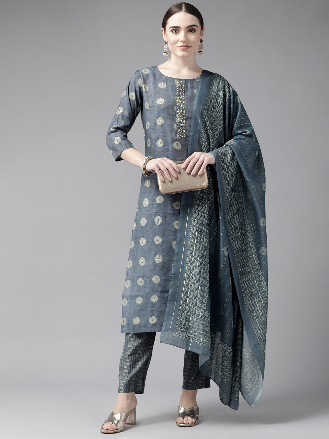 Grey Printed Dupatta Set-Yufta Store-9975SKDGYS