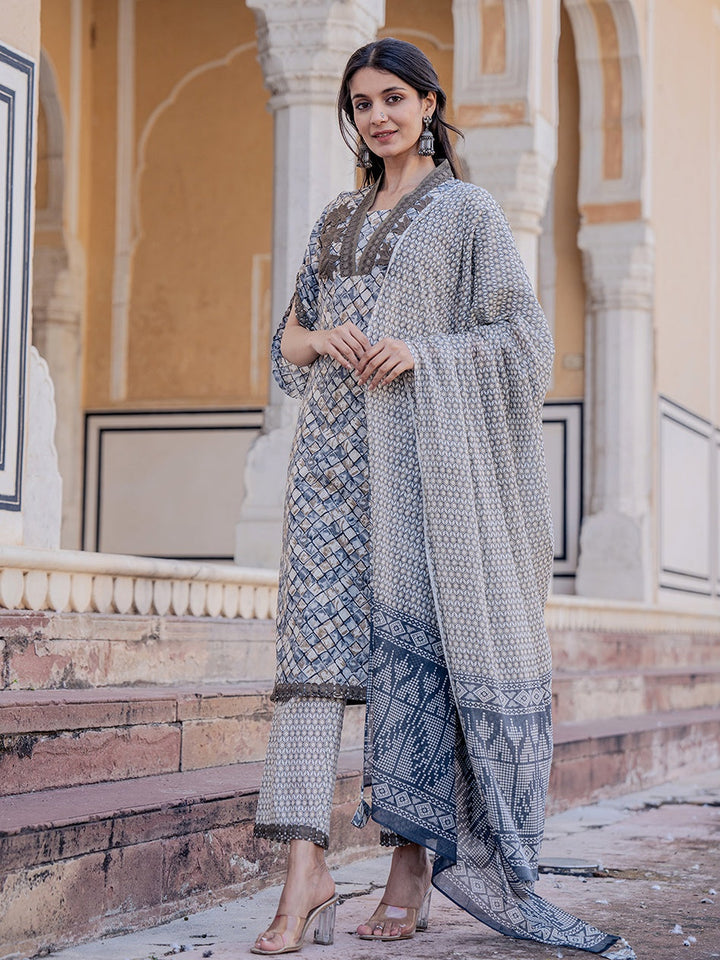 Grey Printed Kurta Dupatta Set