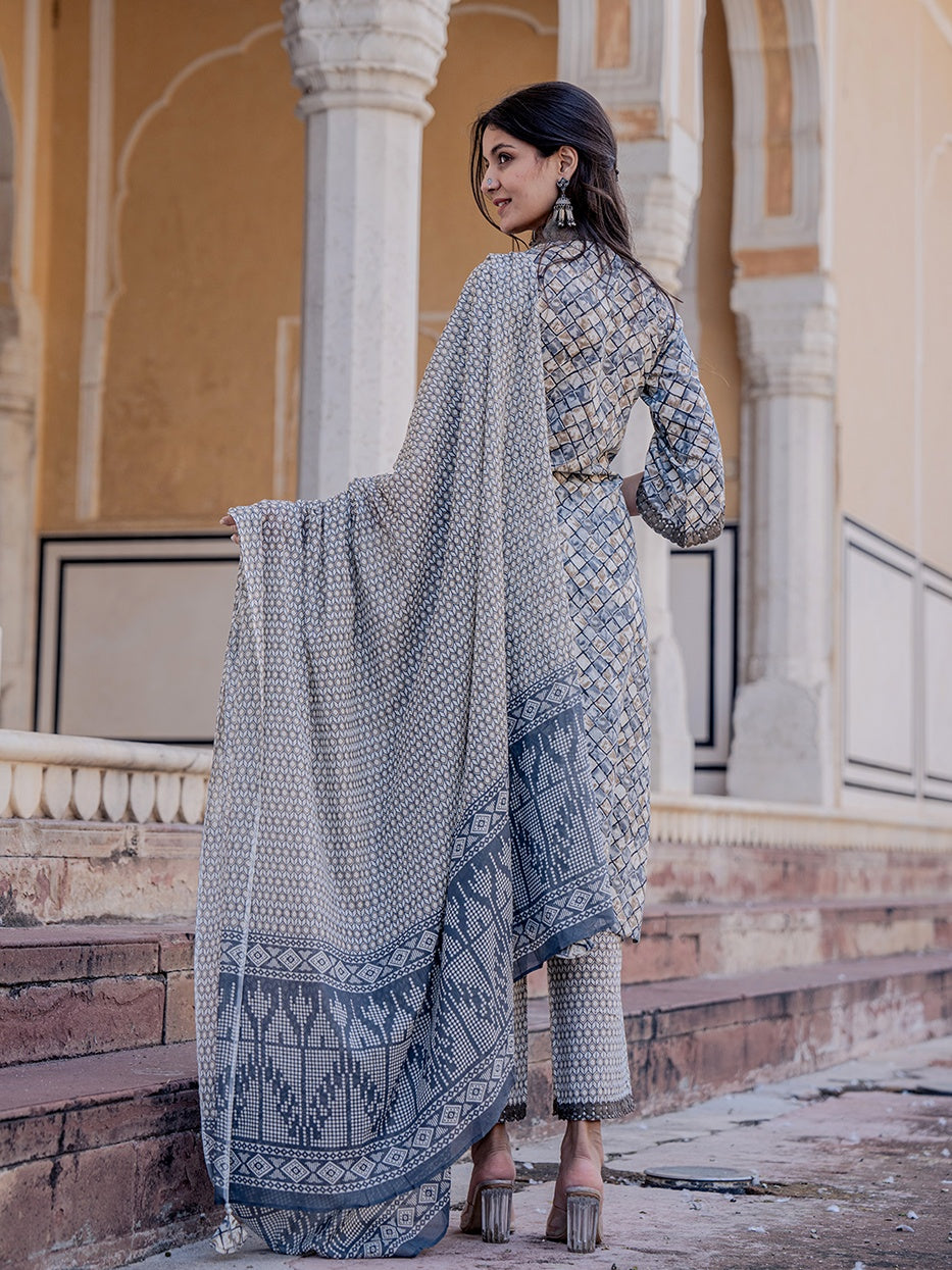 Grey Printed Kurta Dupatta Set