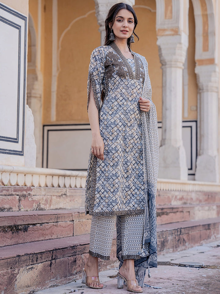 Grey Printed Kurta Dupatta Set-Yufta Store-2021SKDGYS