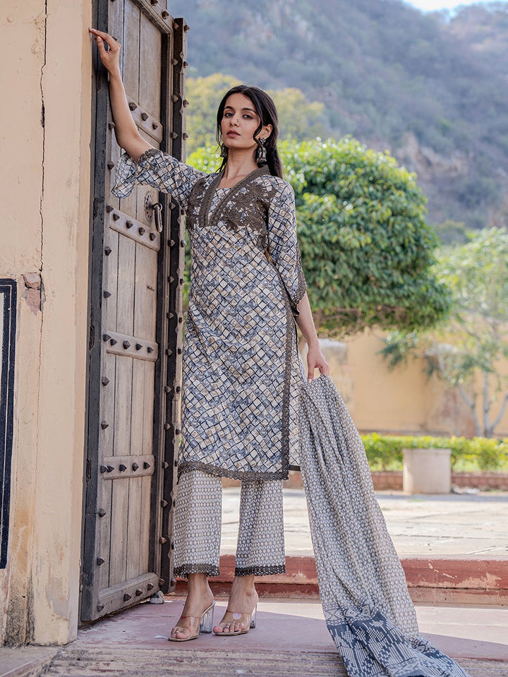 Grey Printed Kurta Dupatta Set