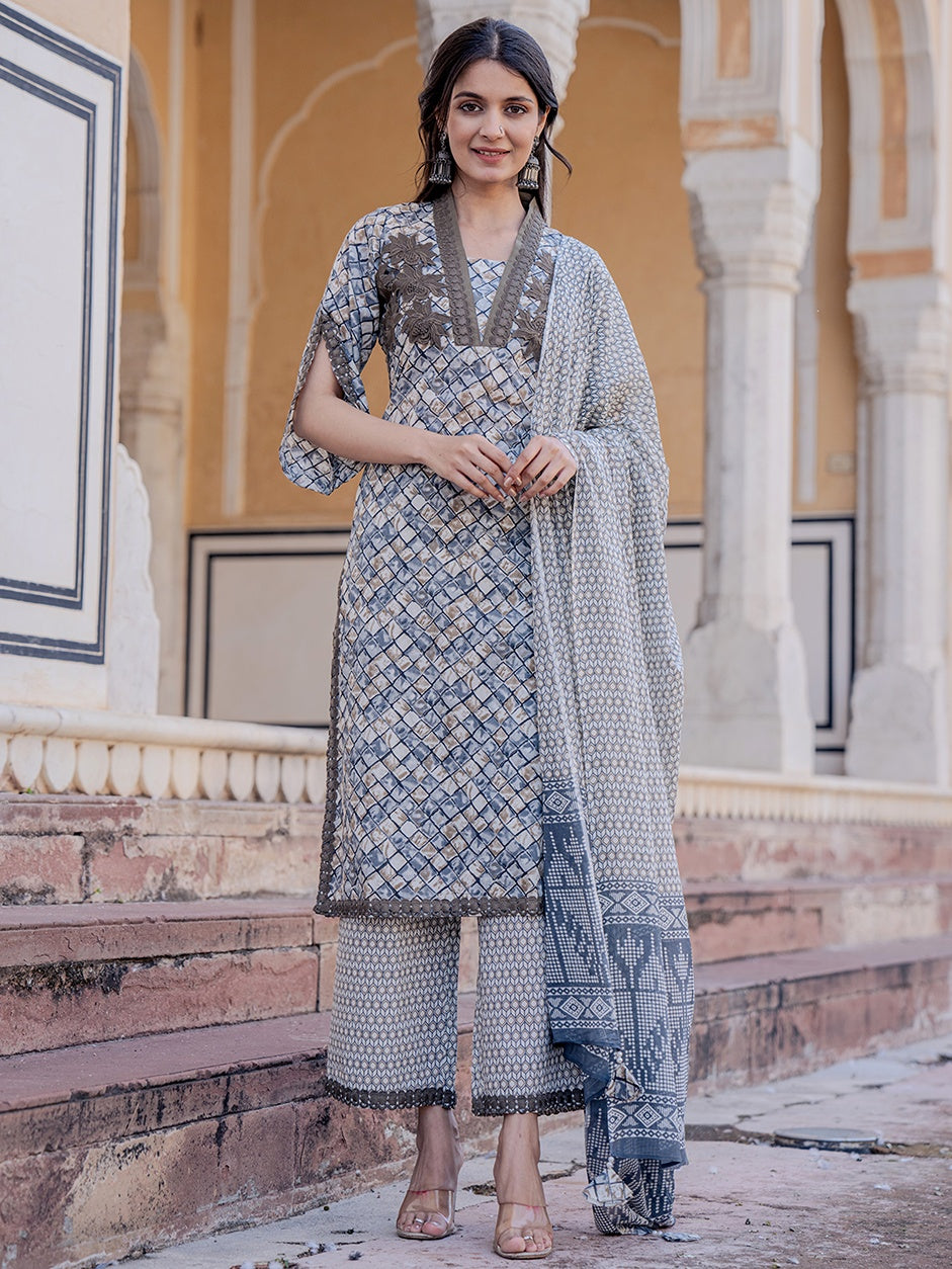 Grey Printed Kurta Dupatta Set-Yufta Store-2021SKDGYS