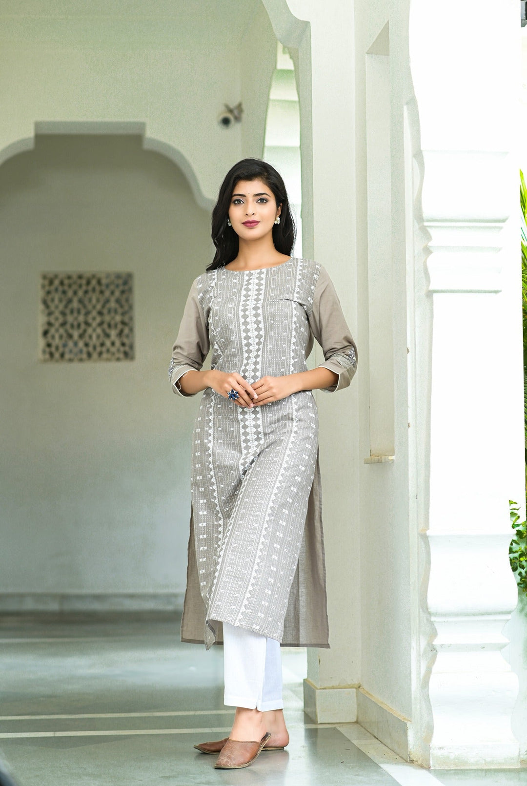 Grey Printed Kurta Set-Yufta Store-3603SETGYM