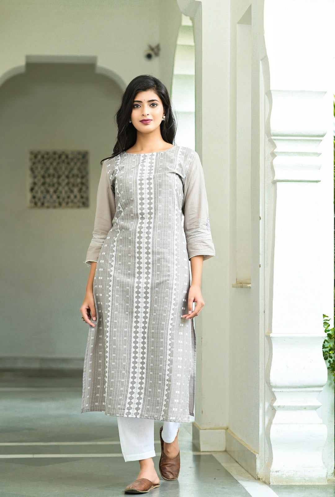 Grey Printed Kurta Set-Yufta Store-3603SETGYM