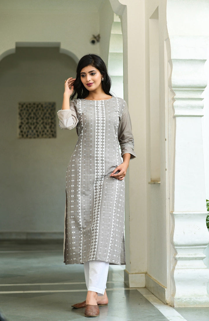 Grey Printed Kurta Set-Yufta Store-3603SETGYM