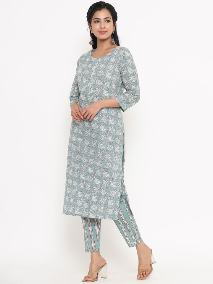 Grey Printed Kurta Set-Yufta Store-4753SETGYM