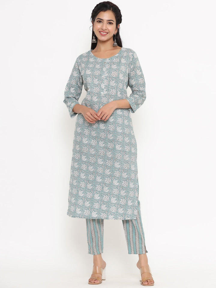 Grey Printed Kurta Set-Yufta Store-4753SETGYM