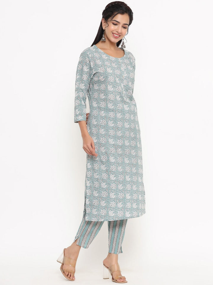 Grey Printed Kurta Set-Yufta Store-4753SETGYM