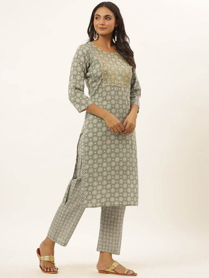 Grey Printed Kurta Set-Yufta Store-6505SETGYM