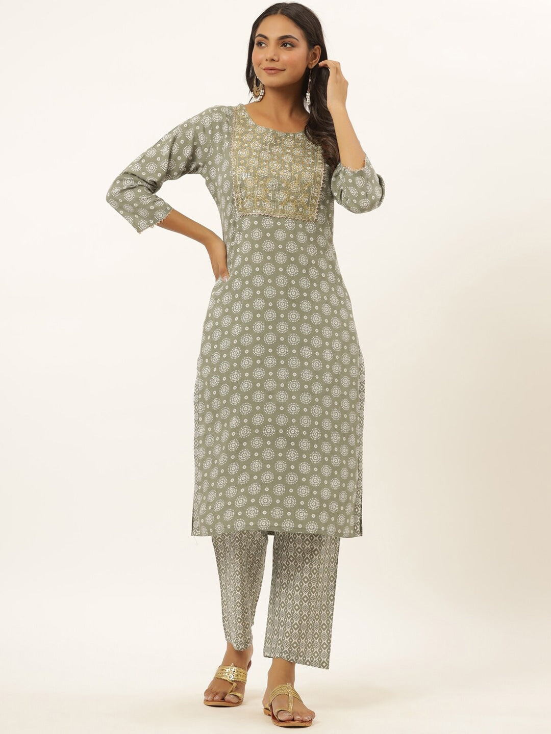 Grey Printed Kurta Set-Yufta Store-6505SETGYM