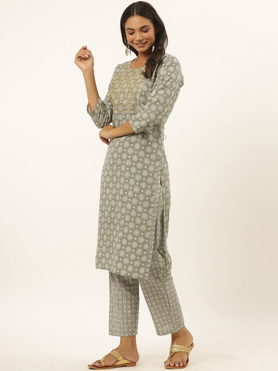 Grey Printed Kurta Set-Yufta Store-6505SETGYM