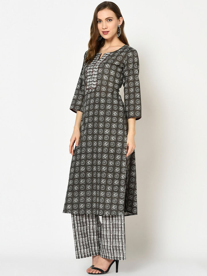 Grey Printed Kurta Set-Yufta Store-7622SETGYS