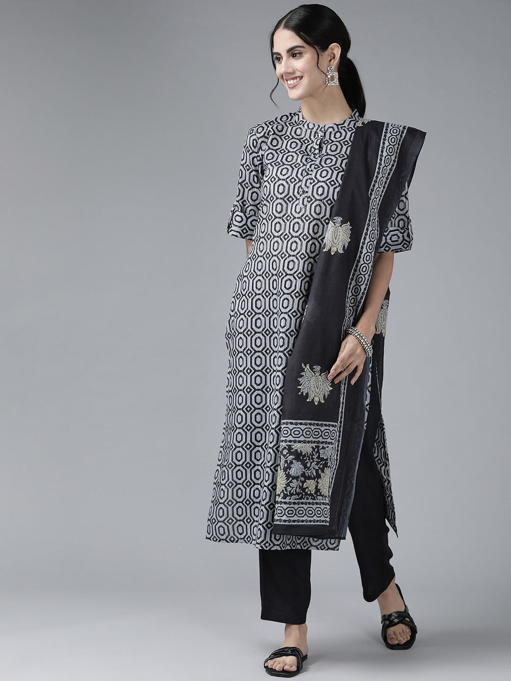 Grey Printed Lurex Cotton Dupatta Set-Yufta Store-9462SKDGYS