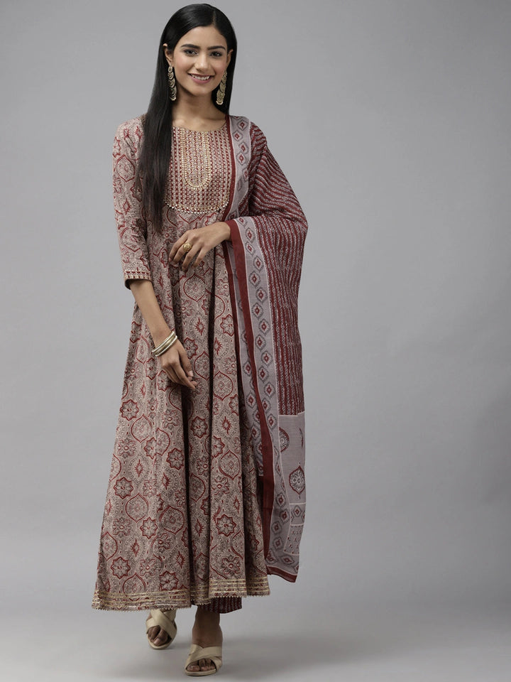 Grey Printed Yoke Design Dupatta Set-Yufta Store-2324SKDMRM