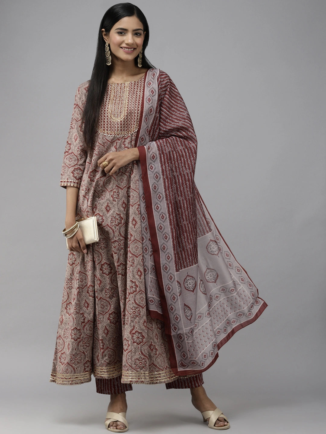 Grey Printed Yoke Design Dupatta Set-Yufta Store-2324SKDMRM