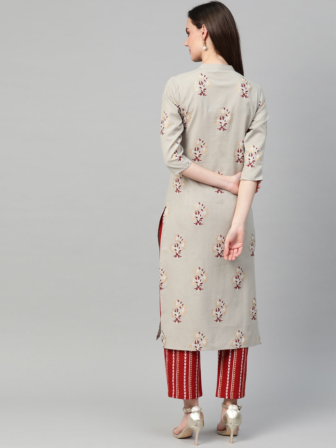 Grey & Red Printed Kurta Set-Yufta Store-7415SETGYS