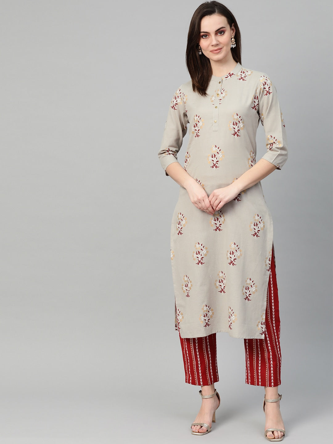 Grey & Red Printed Kurta Set-Yufta Store-7415SETGYS