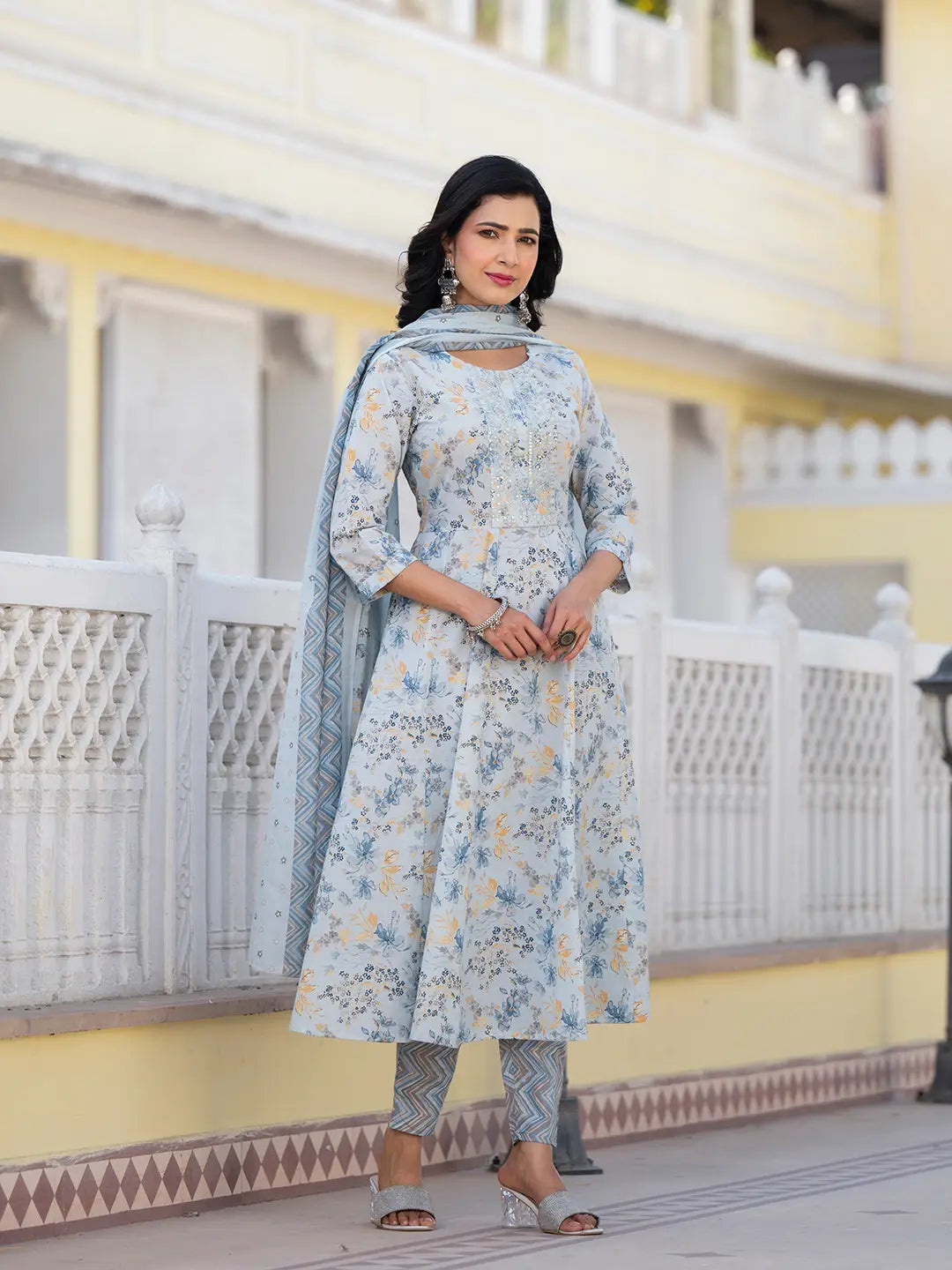 Grey Sequins_Work Anarkali Kurta Trouser And Dupatta Set-Yufta Store-6910SKDGYS