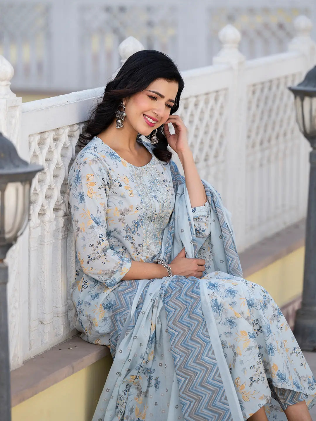 Grey Sequins_Work Anarkali Kurta Trouser And Dupatta Set-Yufta Store-6910SKDGYS