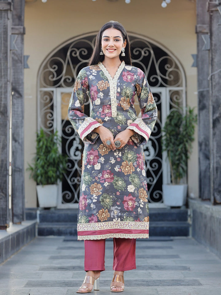 Grey Silk Bland kurta set with Thread_Work Kurta Trouser Set-Yufta Store-1721SETGYS