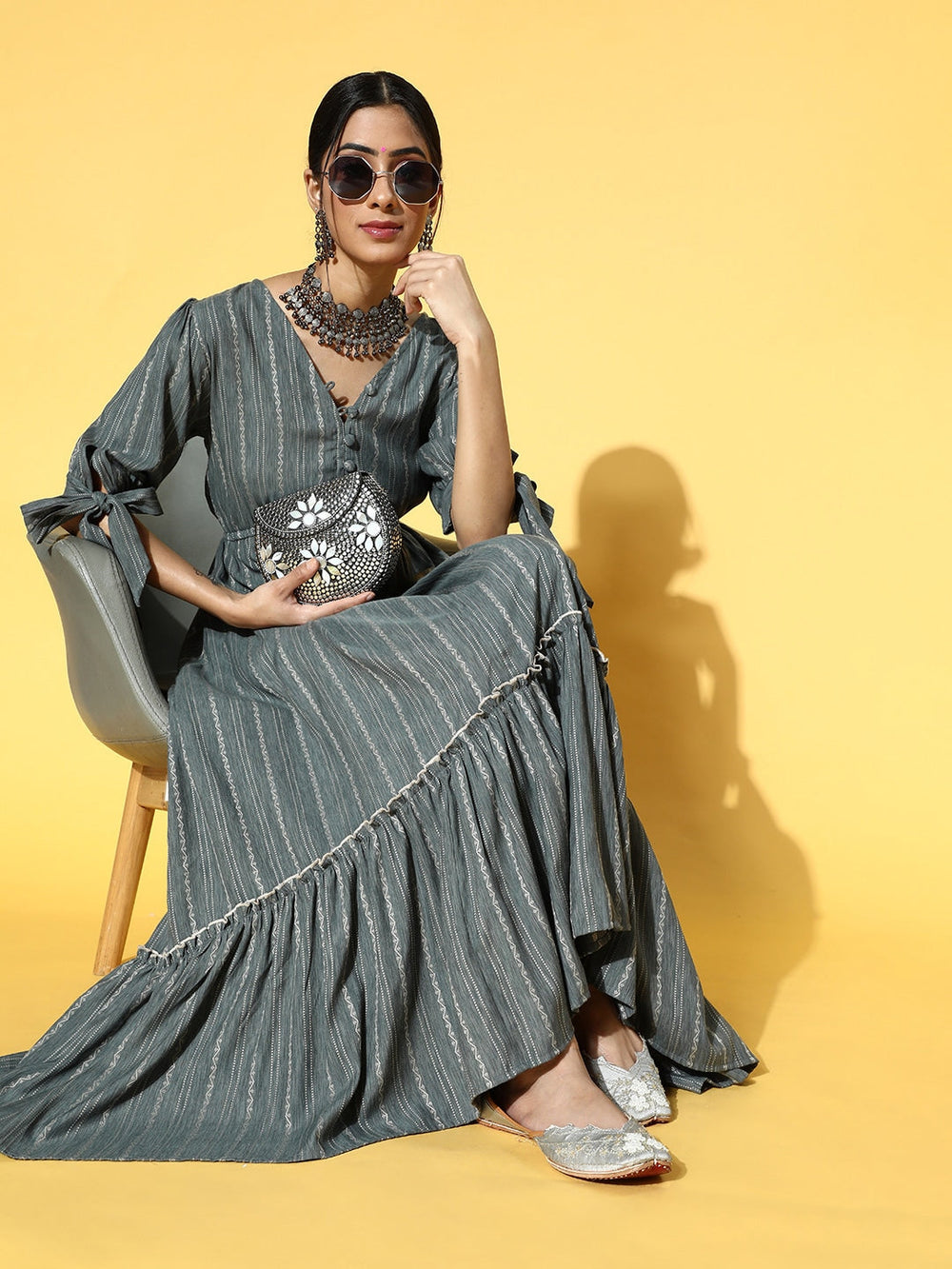 Grey Striped Dress-Yufta Store-9612DRSGYS