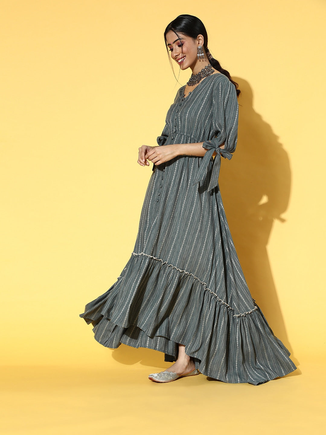 Grey Striped Dress-Yufta Store-9612DRSGYS