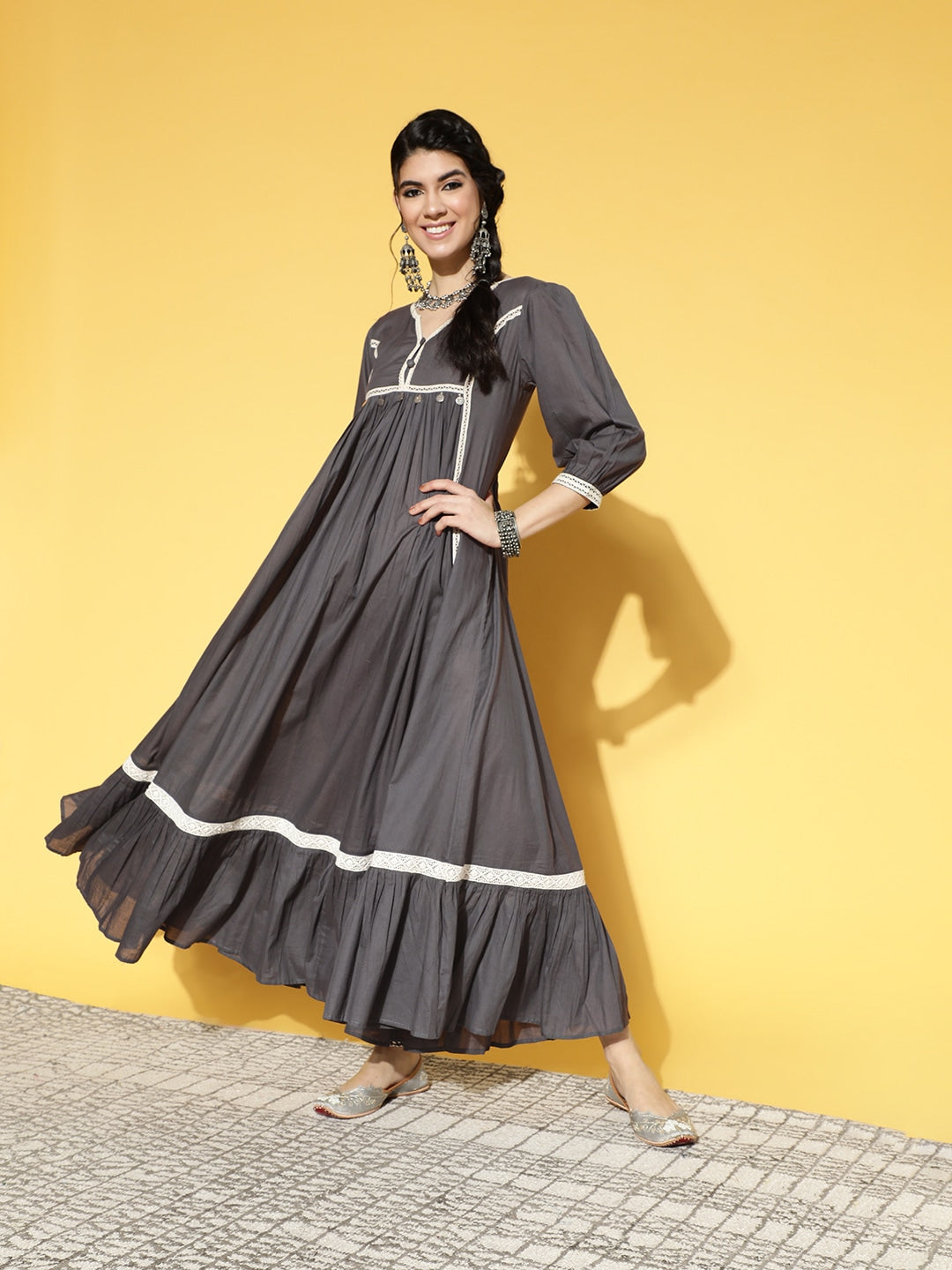 Grey & White Ethnic Lace Detailed Dress-Yufta Store-9595DRSGYS