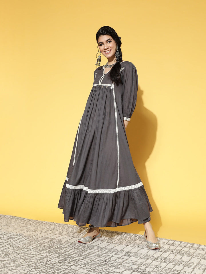 Grey & White Ethnic Lace Detailed Dress-Yufta Store-9595DRSGYS