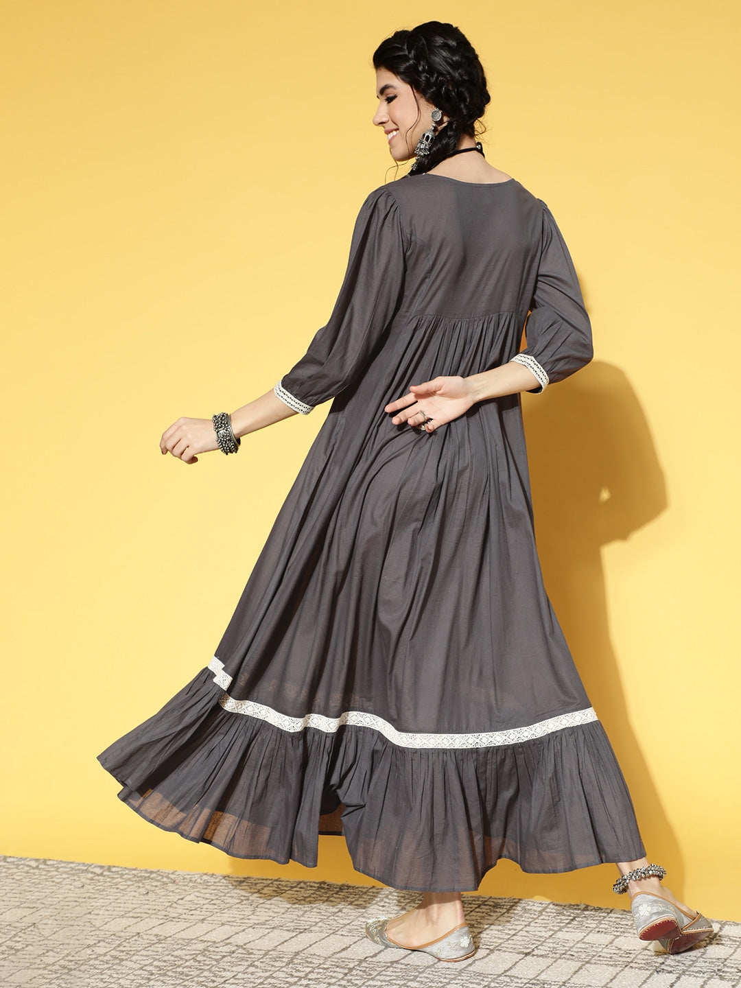 Grey & White Ethnic Lace Detailed Dress-Yufta Store-9595DRSGYS